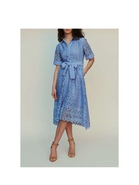 Maje Light Blue embroidered Guipure Lace Midi Shirt Dress with Tie Waist